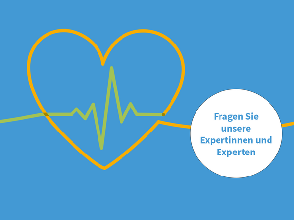 Ein als Bändergrafik gestaltetes Herz mit Herzschlag auf blauem Hintergrund und ein weißer Kreis mit dem Textinhalt "Fragen Sie unsere Expertinnen und Experten" zur Infoveranstaltung Herzwochen im Albertinen Herz- und Gefäßzentrum in Hamburg-Schnelsen