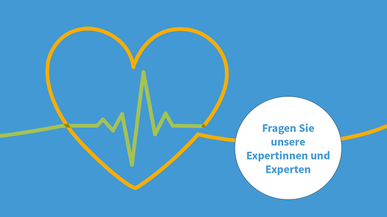 Ein als Bändergrafik gestaltetes Herz mit Herzschlag auf blauem Hintergrund und ein weißer Kreis mit dem Textinhalt "Fragen Sie unsere Expertinnen und Experten" zur Infoveranstaltung Herzwochen im Albertinen Herz- und Gefäßzentrum in Hamburg-Schnelsen