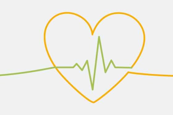 Ein stilisiertes Herz mit EKG-Kurve in der Mitte als orange-grüne Bändergrafi