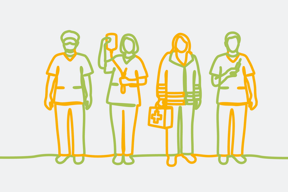 Vier als organge-grüne Bändergrafik stilisierte Personen in Funktionskleidung, teilweise mit Arztkoffer und Infusionskit, stehen nebeneinander