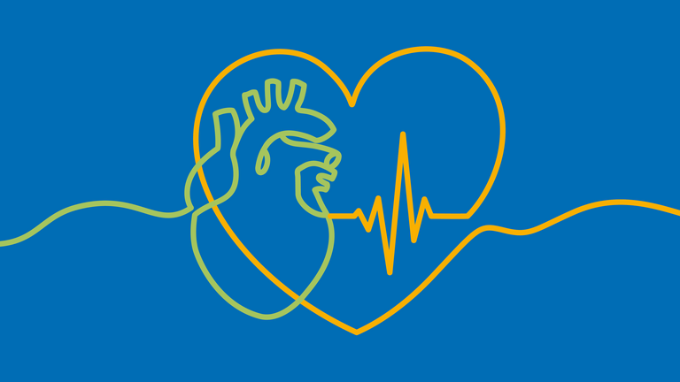 Stilisierte Herzgrafik mit EKG-Linie auf blauem Hintergrund