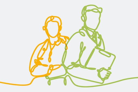 Eine Medizinerin und ein Mediziner als organge-grüne Bändergrafik stilisiert mit Funktionskleidung, Stethoskop und Klemmbrett