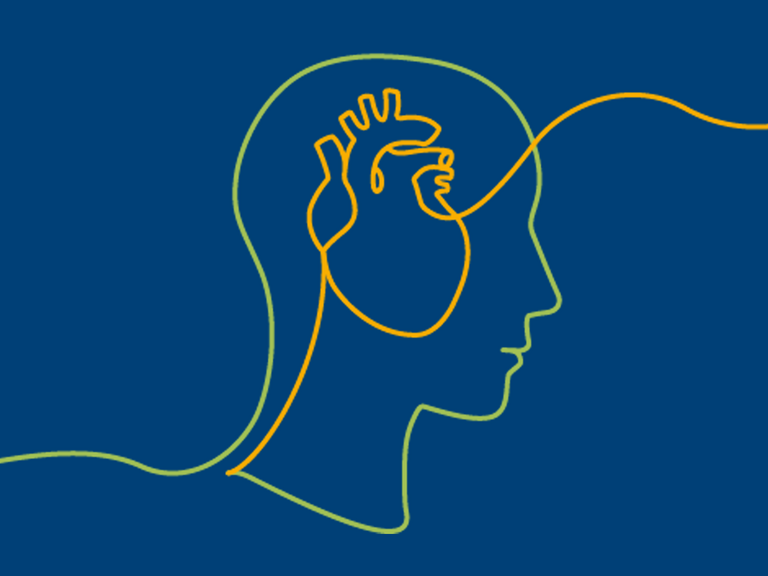 Symbolische Illustration zur Psychokardiologie: Kopfprofil mit eingezeichnetem Herz, das die enge Verbindung zwischen Psyche, Gehirn und Herzgesundheit darstellt