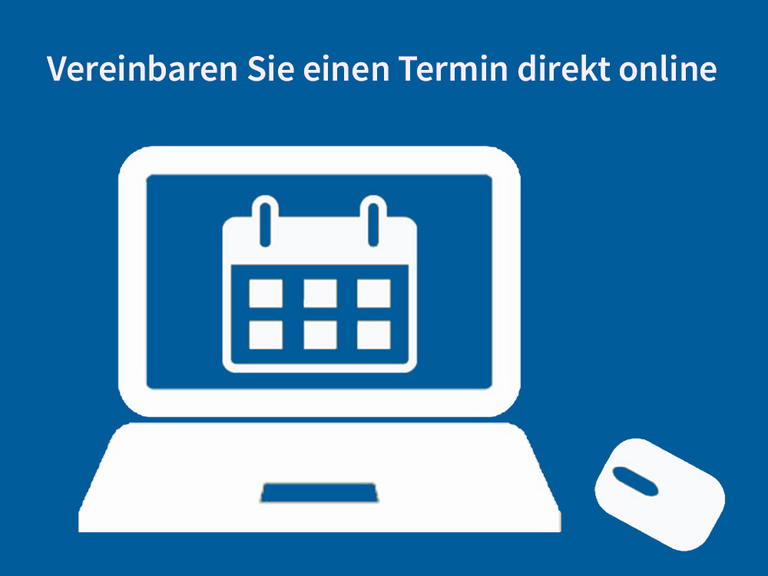 Grafik eines stilisierten Notebooks mit Computermaus und dem darüberstehenden Text "Vereinbaren Sie einen Termin direkt online" zur Terminbuchung Samedi für die Herzchirurgie im Albertinen Herz- und Gefäßzentrum